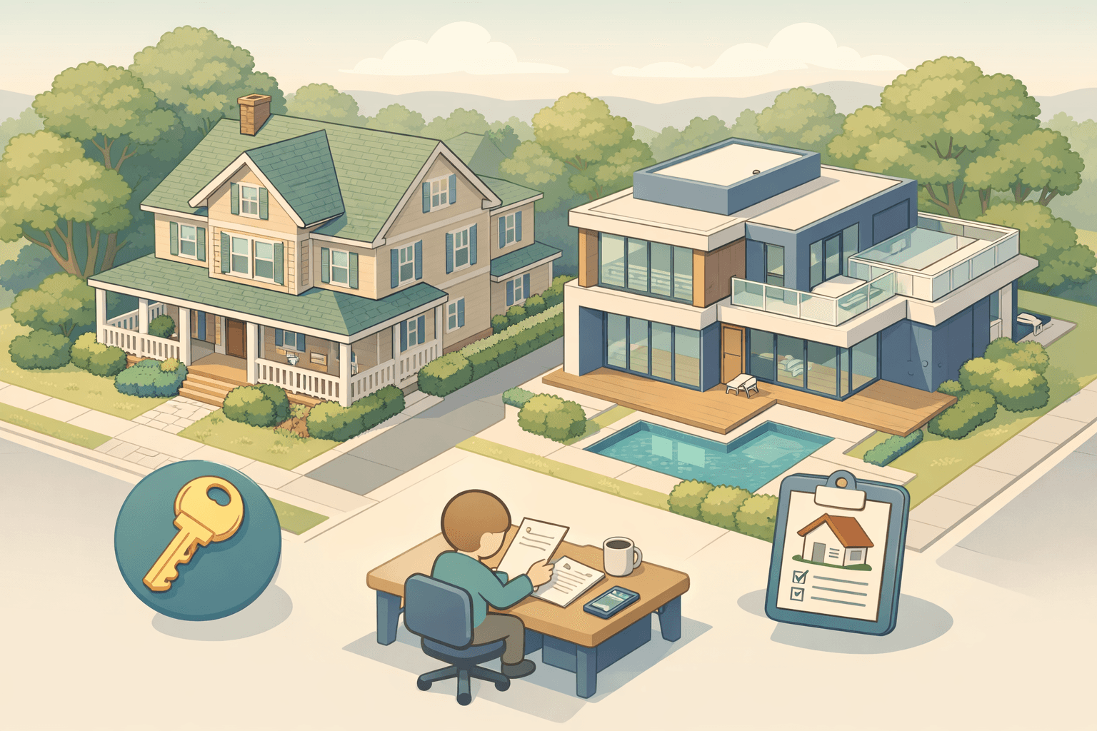 A rental property and luxury home side by side with a person reviewing mortgage documents at a desk nearby