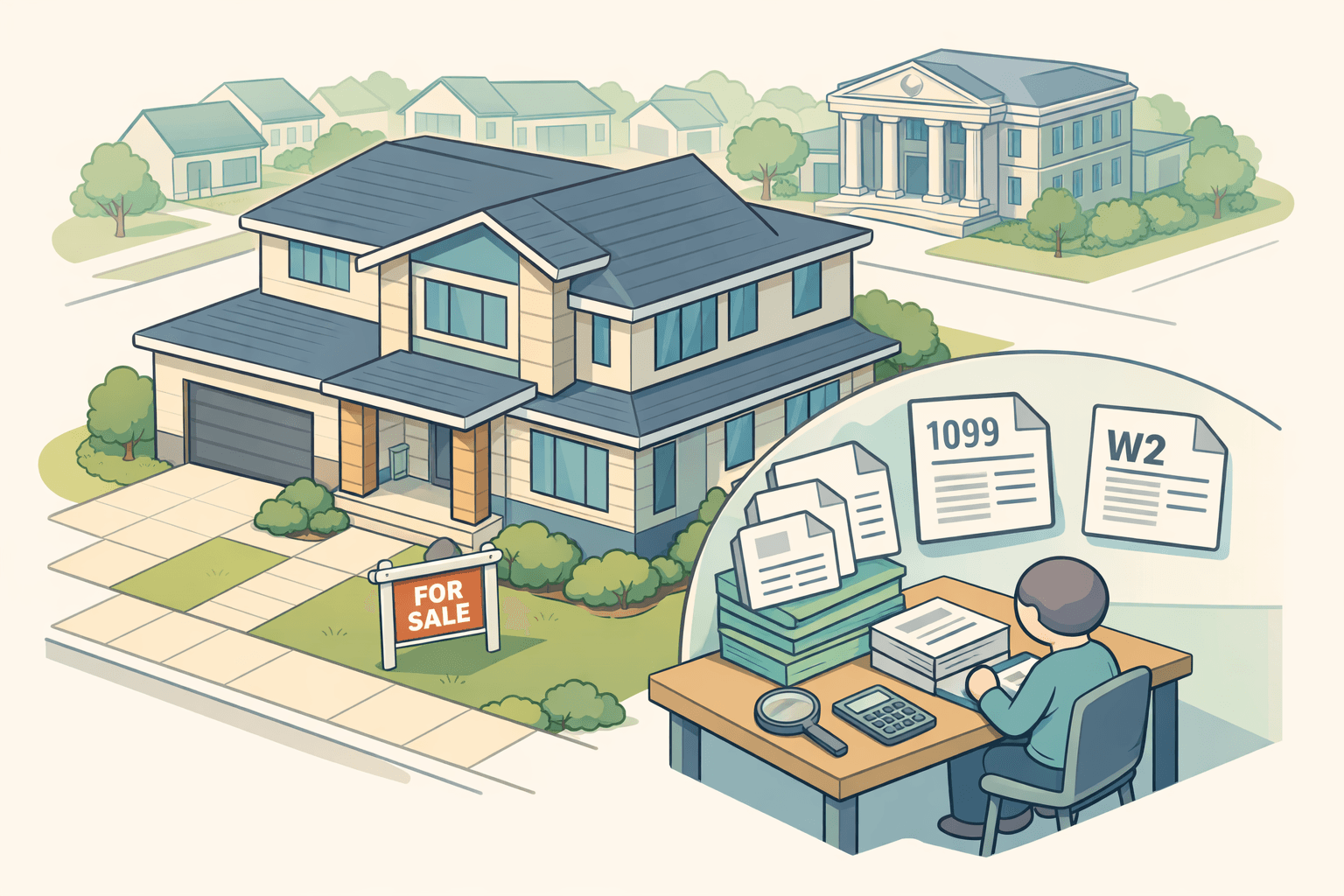 A large modern home with document icons representing mixed 1099 and W2 income reviewed for a jumbo mortgage loan