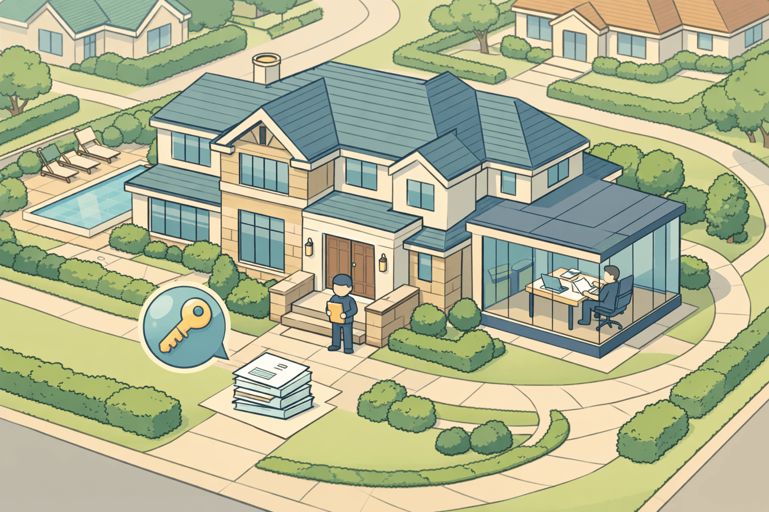 A luxury home with a small figure holding estate documents and a floating key icon representing jumbo loan inheritance planning