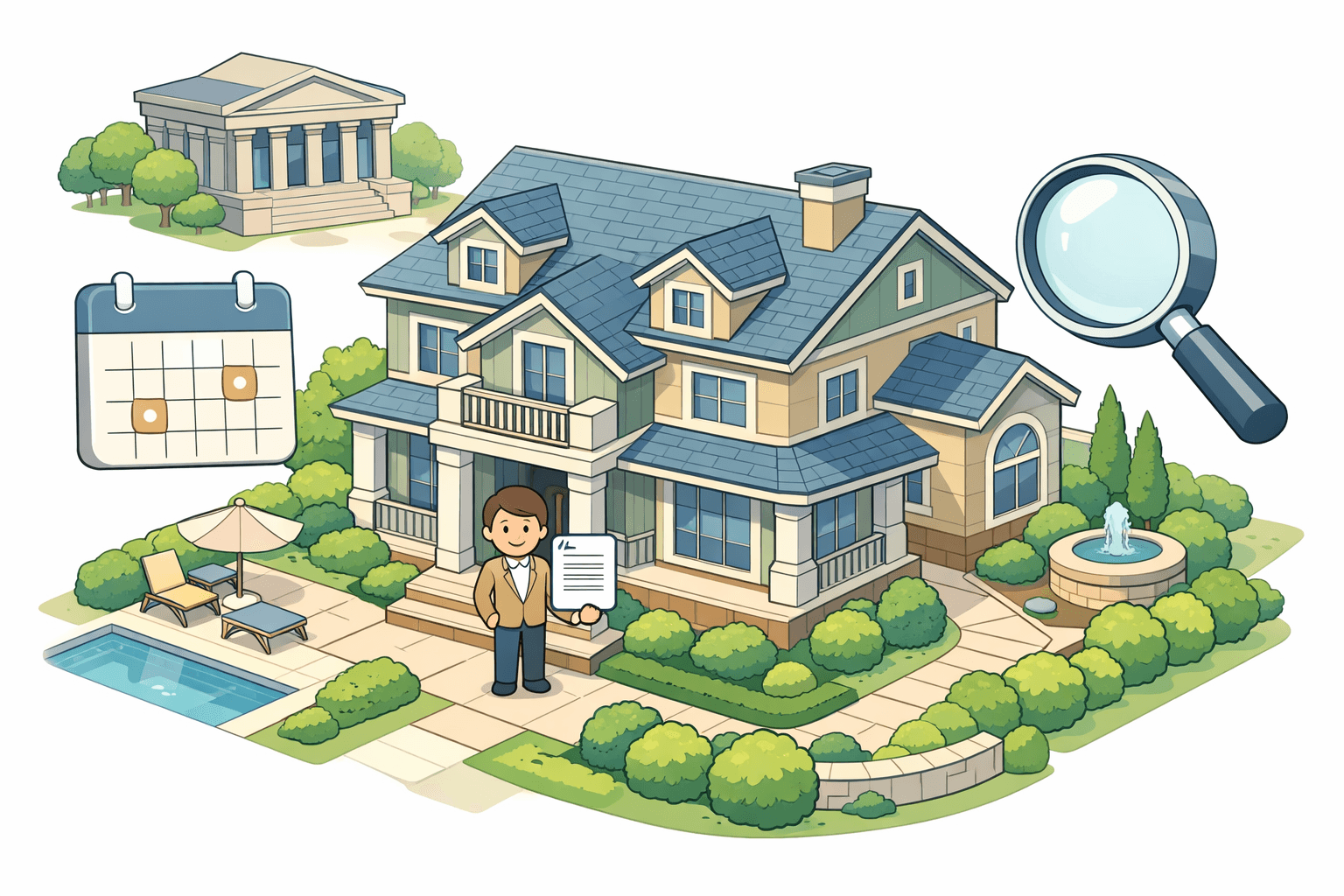 Isometric illustration of a luxury home with a host figure, document icon, and a bank building in the background