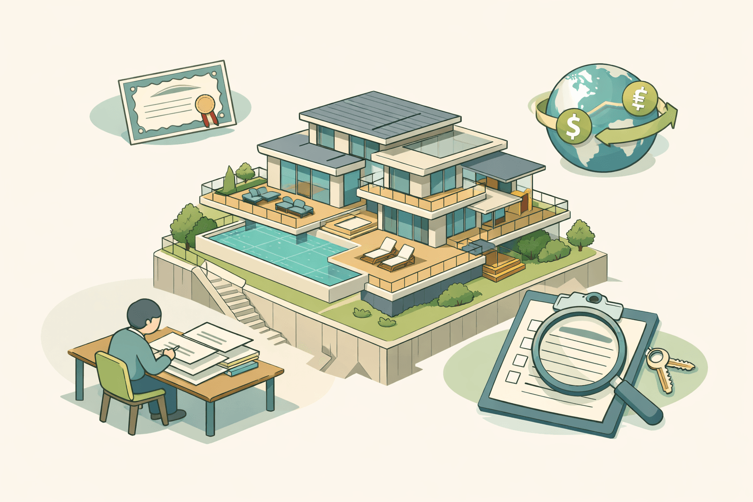 A luxury home with a person reviewing mortgage documents alongside stock and foreign dividend income icons