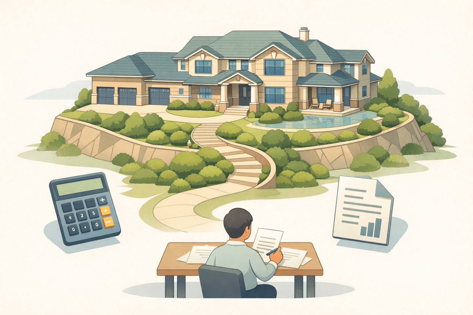A stylized isometric scene of a luxury home with a borrower reviewing mortgage documents at a desk nearby