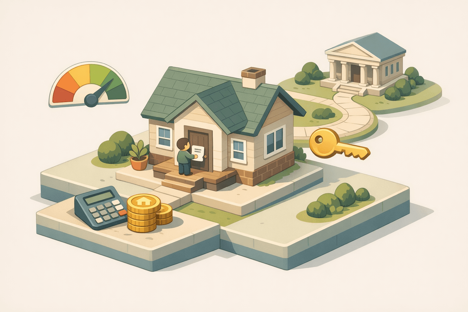 A small house with a person holding documents, a credit score gauge and key icon nearby, and a bank building in the background.