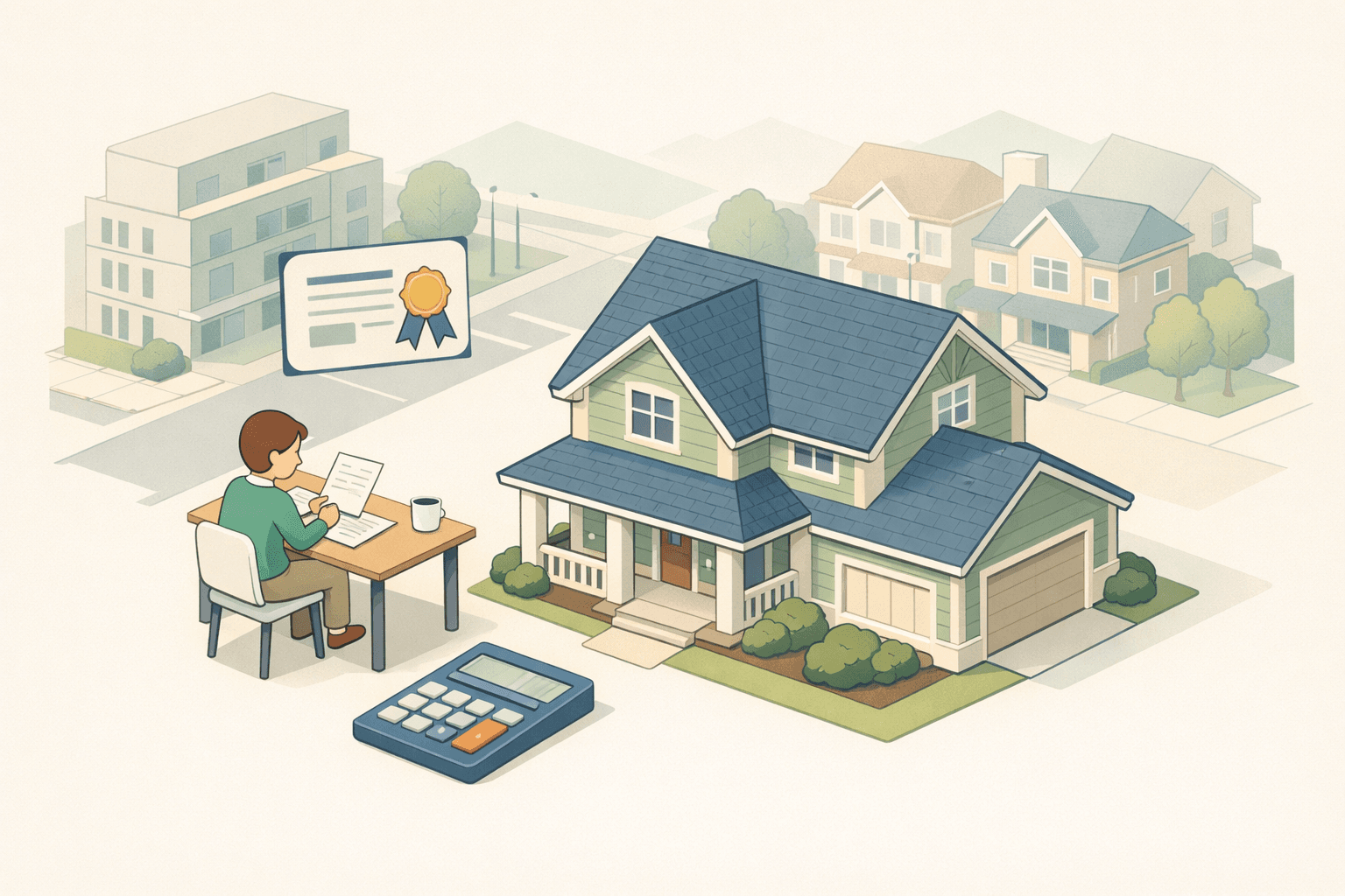 A person reviews mortgage documents at a desk next to a model house with a student loan diploma icon nearby