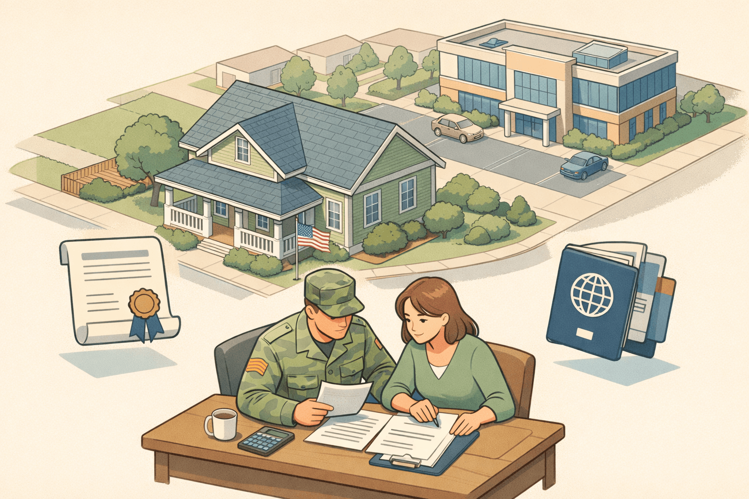 A veteran and a foreign national co-borrower reviewing home loan documents at a desk near a suburban house