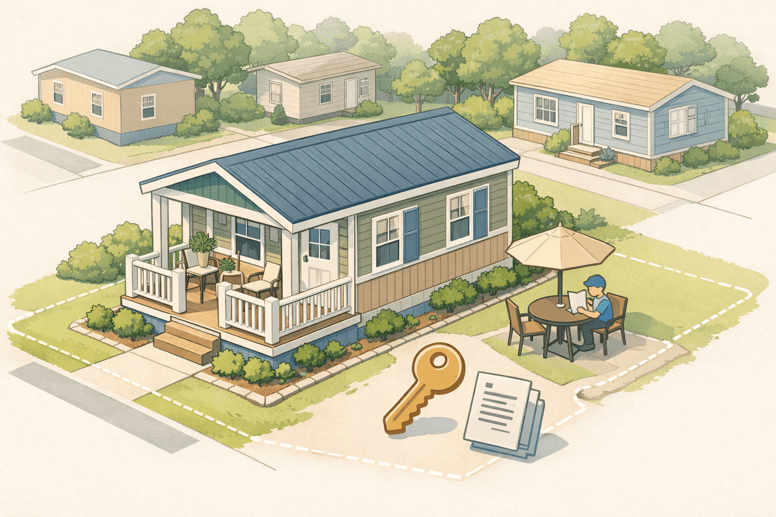 A manufactured home in a residential community with a figure reviewing documents outside, representing VA loan eligibility research.