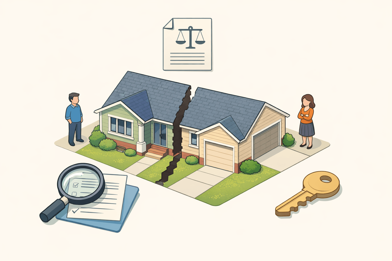 A house divided between two parties with legal documents and a key, representing mortgage qualification after divorce and shared property.