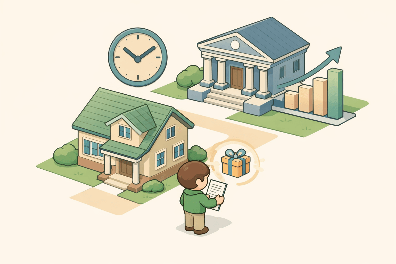 A person receiving gift funds and reviewing mortgage documents in front of a home after bankruptcy recovery