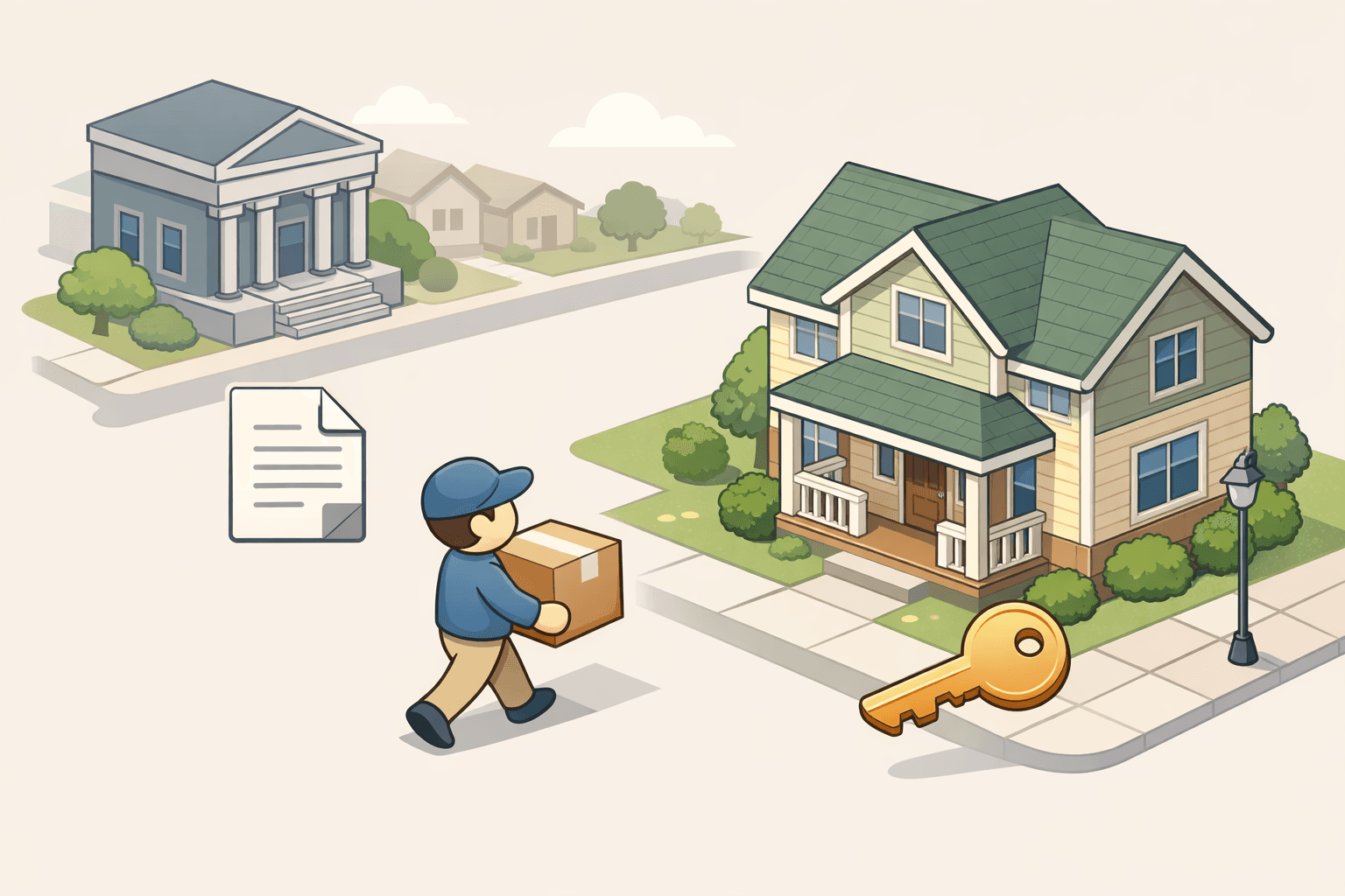 A person carrying a moving box approaches a new home in a suburban neighborhood with a bank and floating document icons nearby.