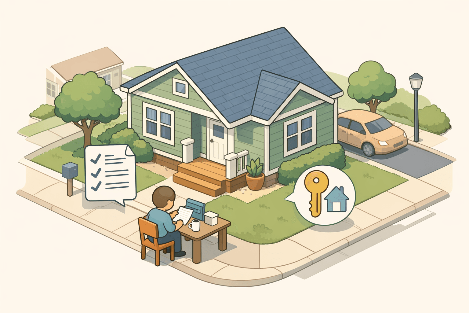 A single-family home on a quiet street with a person reviewing mortgage documents at a desk near the front steps