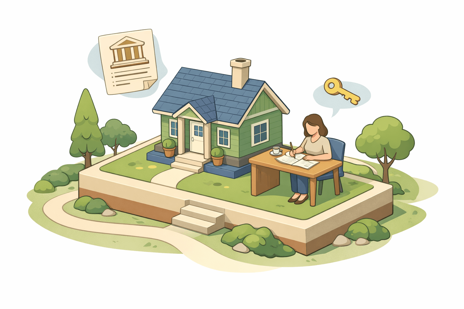 A person reviewing divorce documents at a desk beside a small house, with a key and document icons floating nearby.