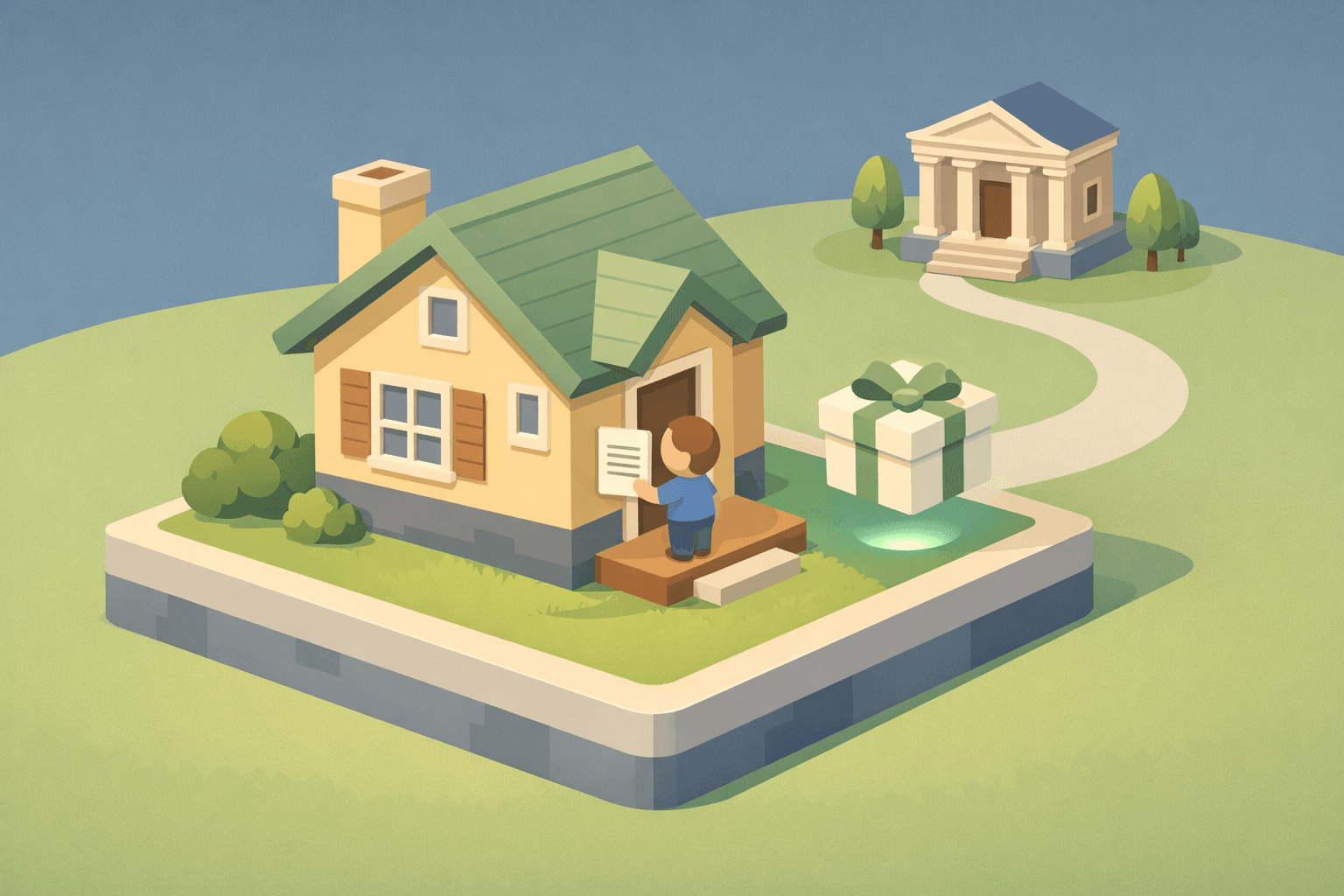 A small house with a person at the door, a gift box icon, and a courthouse in the background representing FHA loan approval after bankruptcy