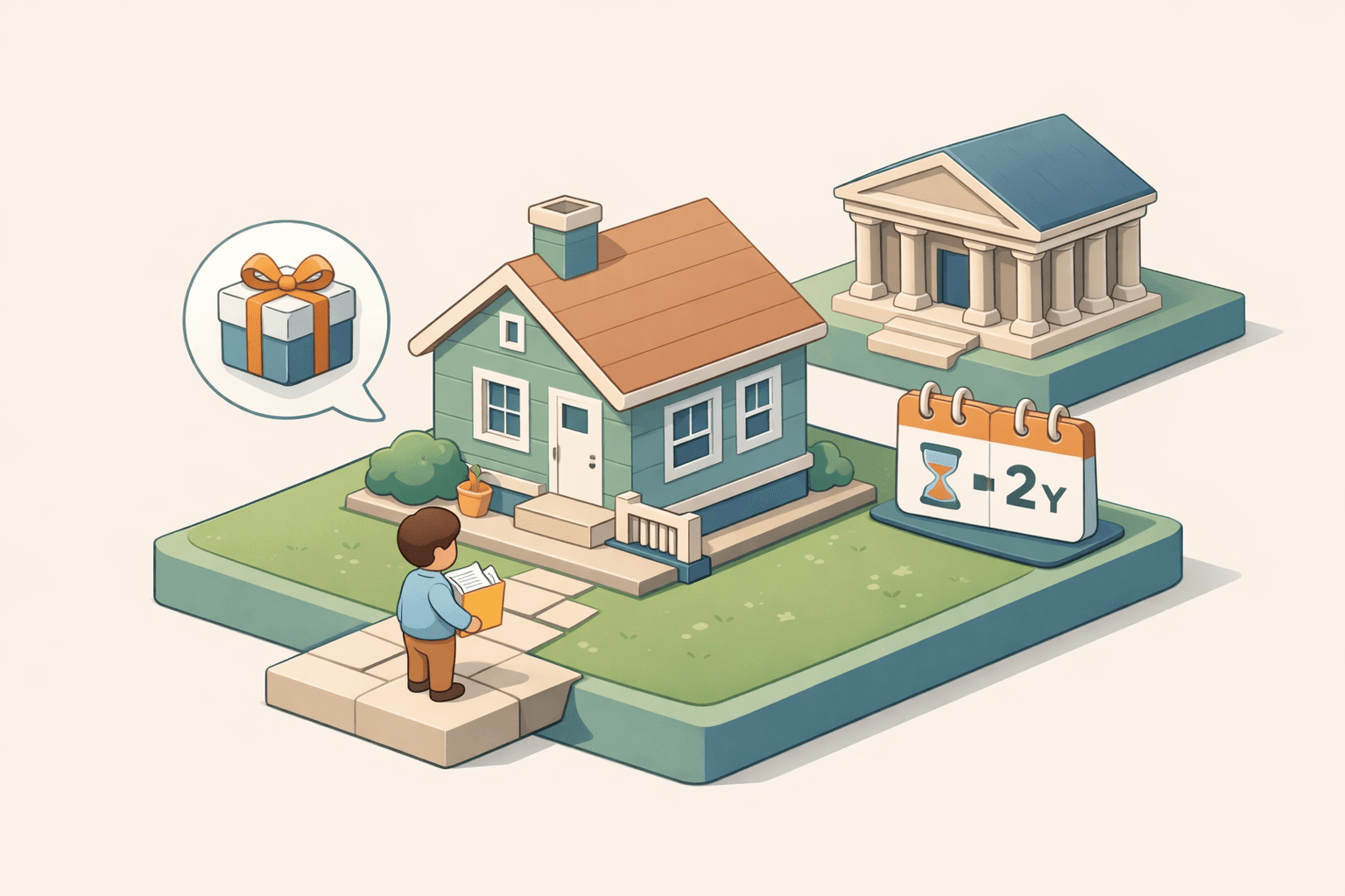 A small house with a person holding documents and a gift box icon, symbolizing FHA loan approval after bankruptcy with gift funds