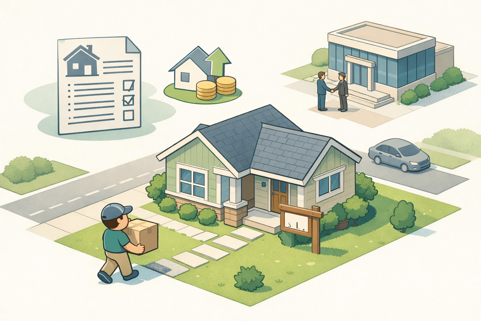 A person moving into a new home after job relocation while reviewing FHA loan documents with a lender nearby