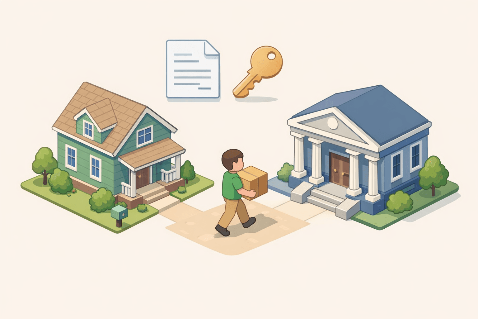 A relocated employee reviewing FHA loan documents beside a new house and a bank building in a neighborhood setting