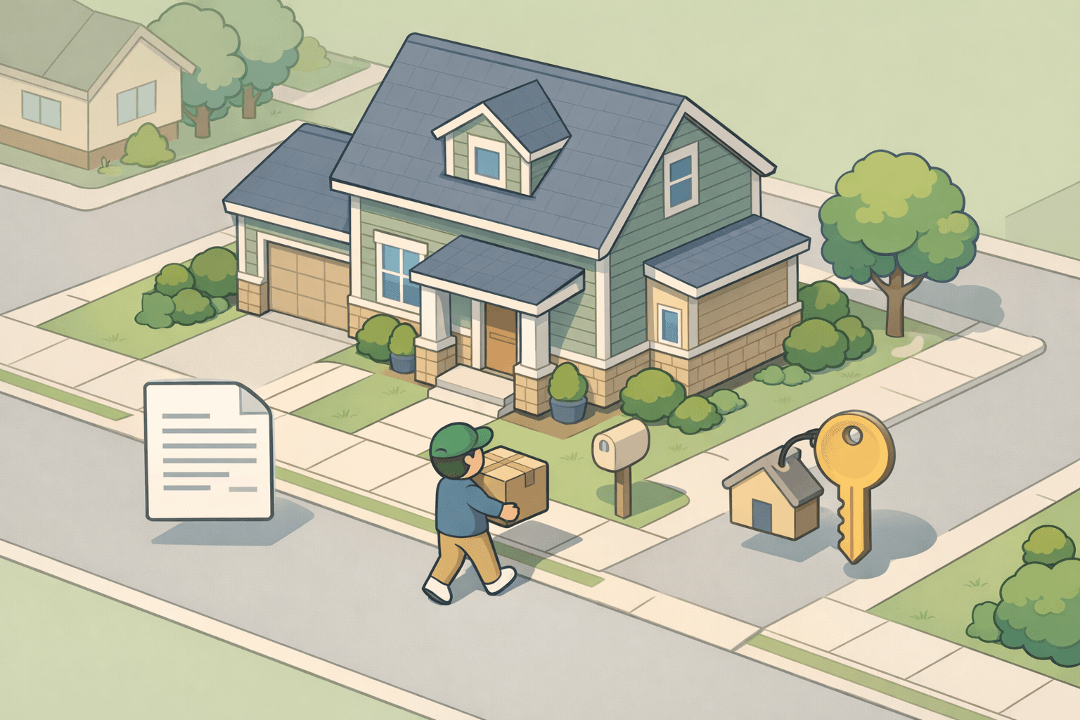 A person carrying moving boxes toward a new home in a residential neighborhood, representing relocation and FHA home buying.