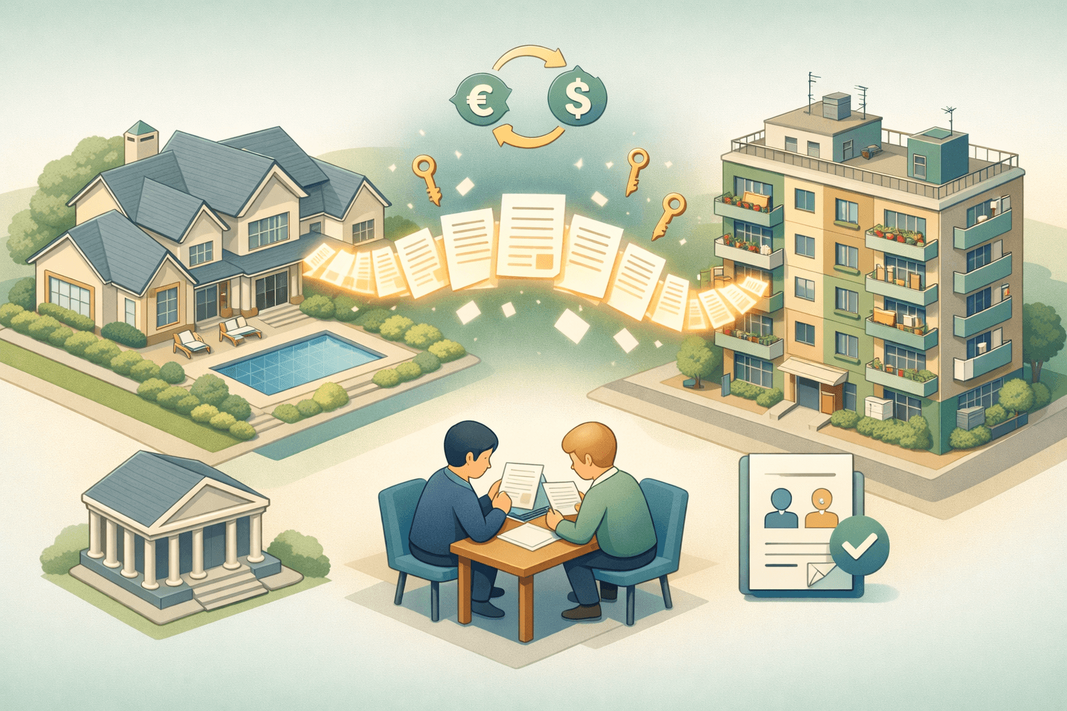 Luxury home and foreign rental property connected by documents, with two figures reviewing a co-signer agreement near a small bank building