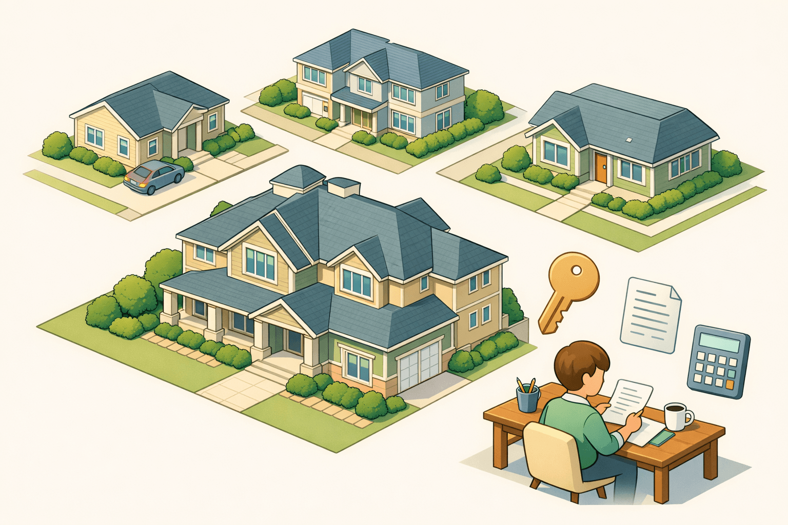 Isometric scene of a large home surrounded by multiple rental properties with a person reviewing loan documents nearby