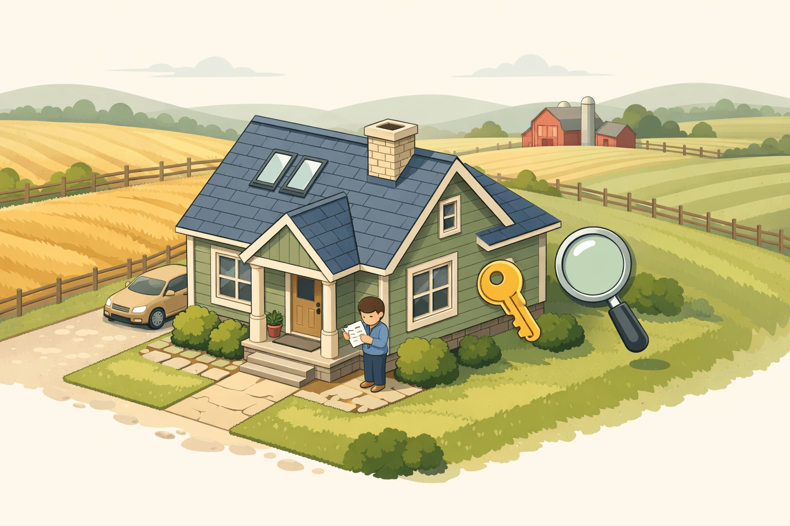 A rural single-family home surrounded by agriculturally zoned farmland with open fields and a wooden fence in a pastoral setting.