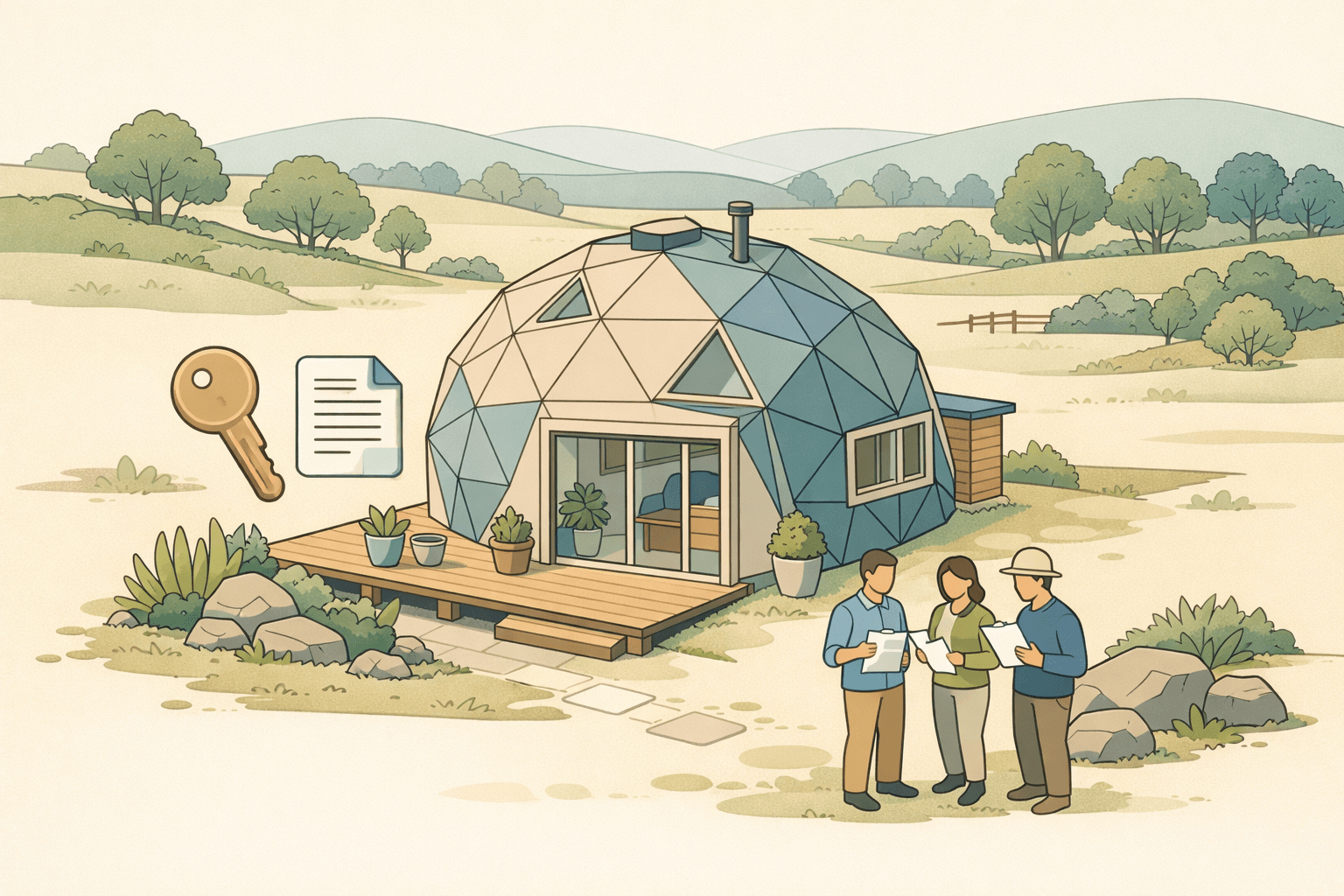 A geodesic dome home on a large parcel of land with a veteran and lender reviewing financing documents outside.