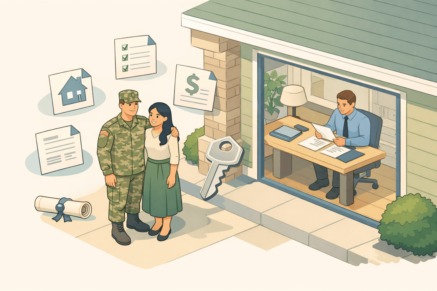 A veteran and foreign national co-borrower reviewing VA loan documents outside a house with a loan officer inside