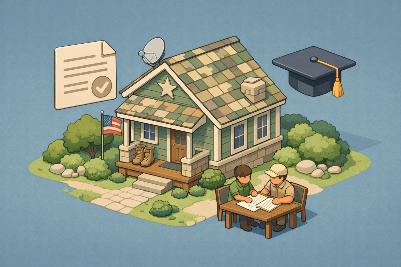Two people reviewing mortgage documents in front of a home with a VA loan folder and graduation cap nearby