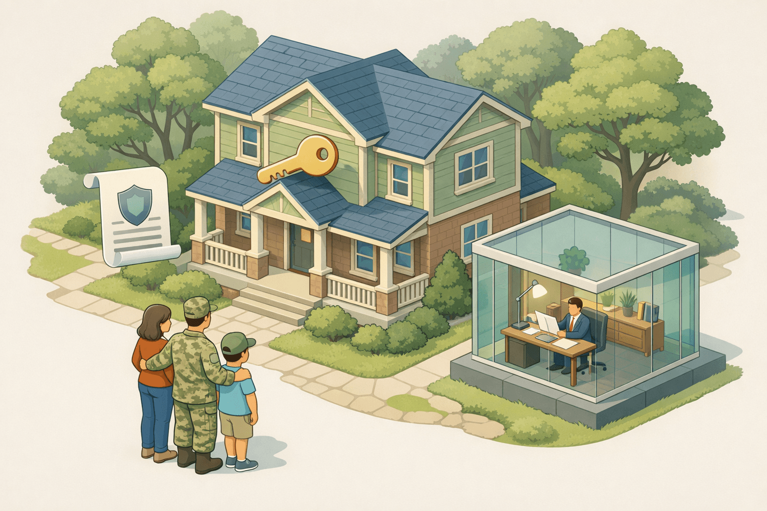 A veteran and family standing outside an inherited home while reviewing loan documents with a lender nearby