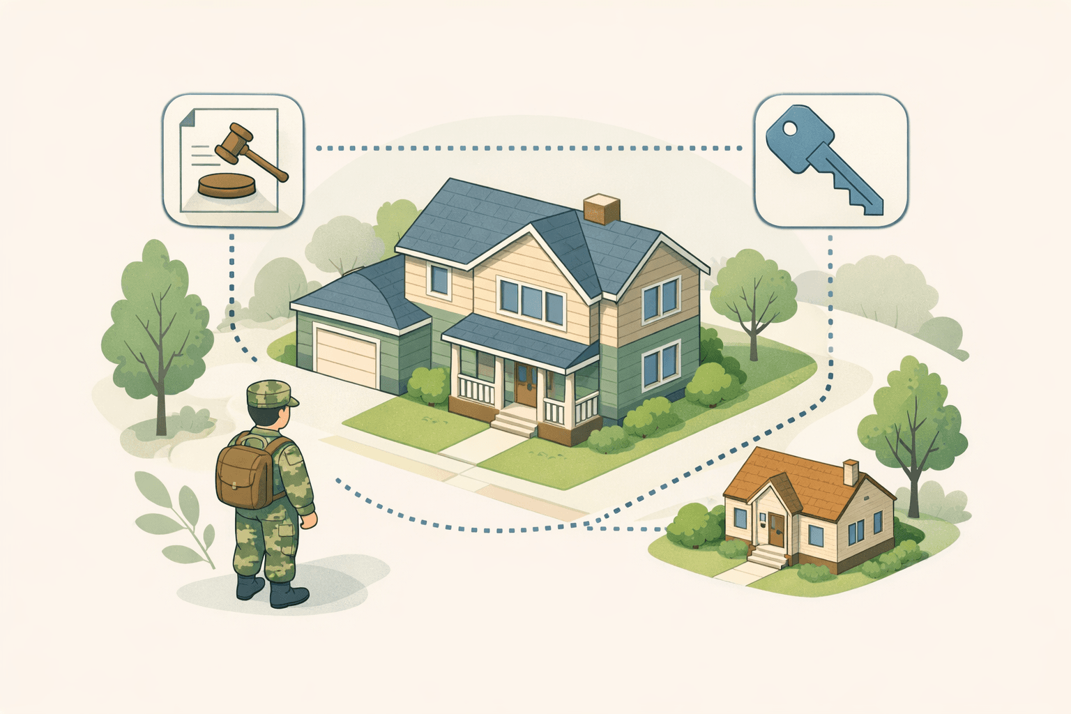 A veteran standing outside a house with document and key icons representing VA loan qualification with inherited property and child support income