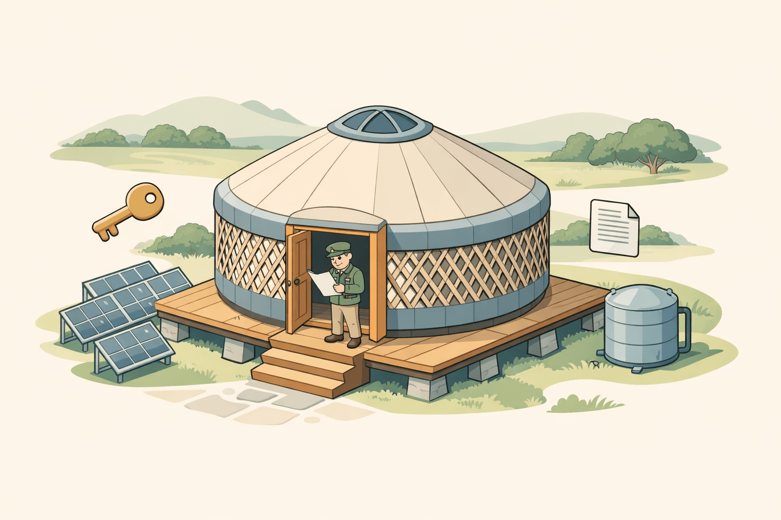 A circular yurt on a permanent foundation in a rural off-grid setting with solar panels and a small figure reviewing documents nearby.