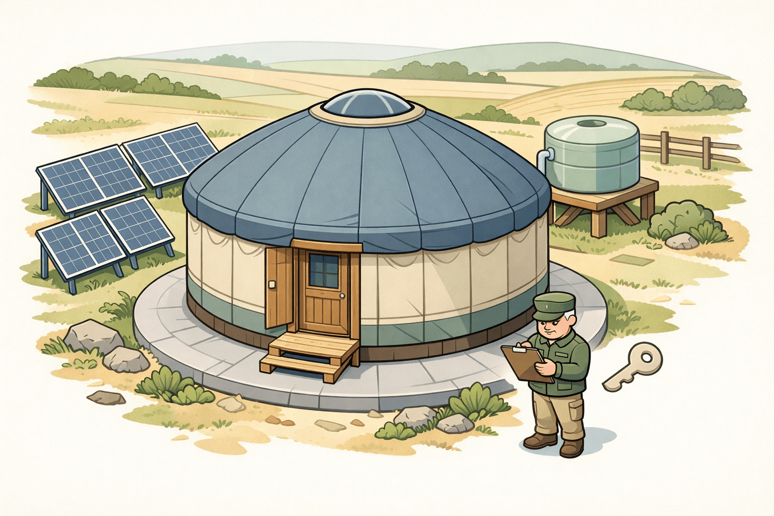 A circular yurt home on open rural land with solar panels and a veteran reviewing documents nearby