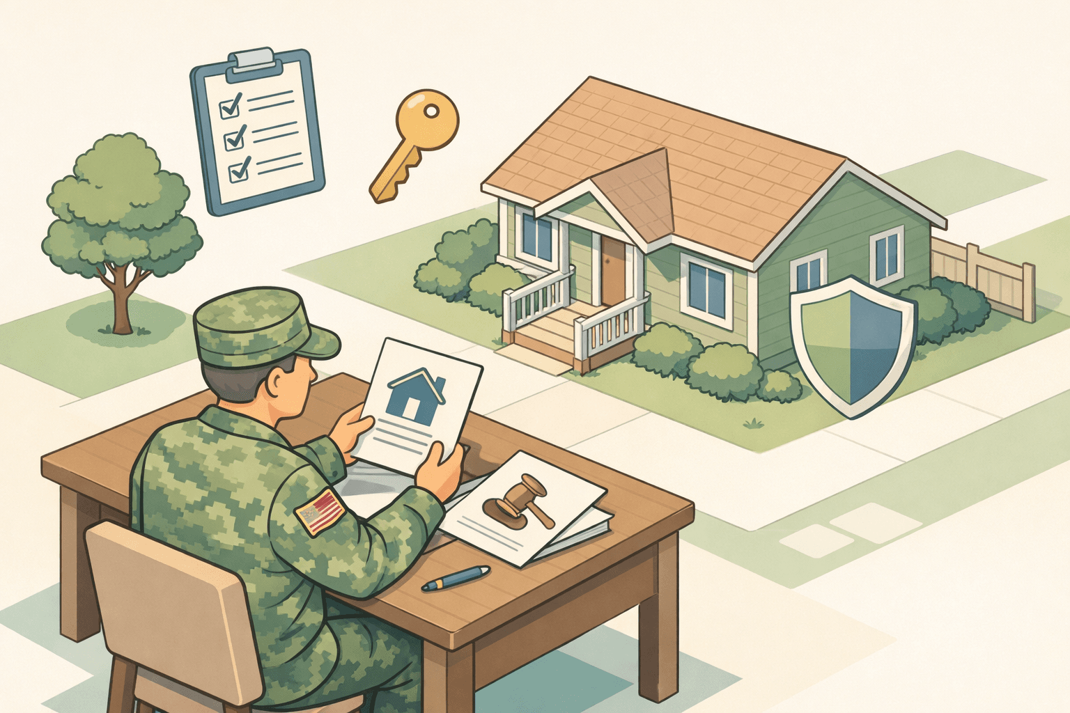 A veteran reviewing mortgage documents at a desk with a house and legal decree icons nearby in a suburban setting