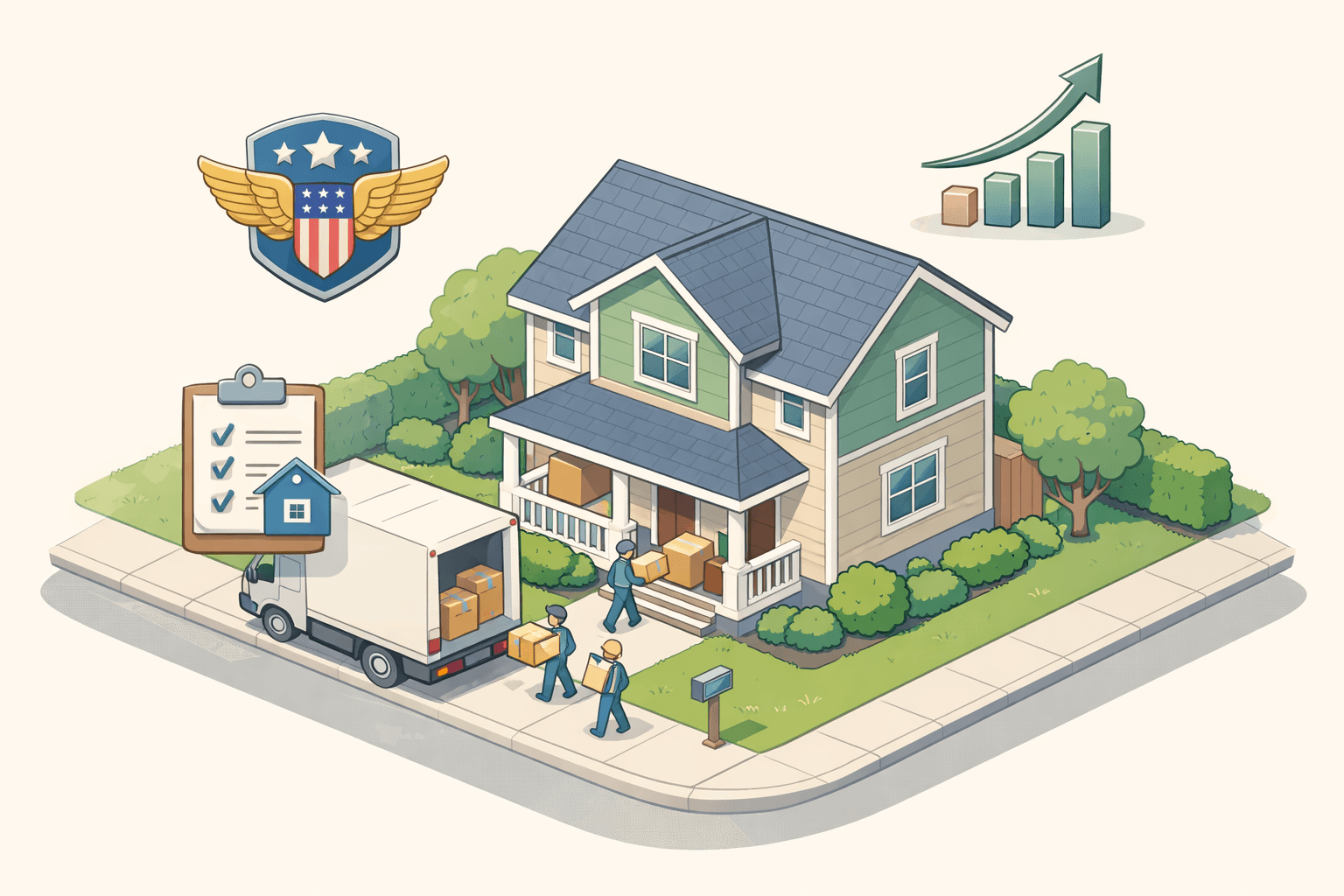 A veteran and family moving into a new suburban home with a moving truck outside and document icons nearby