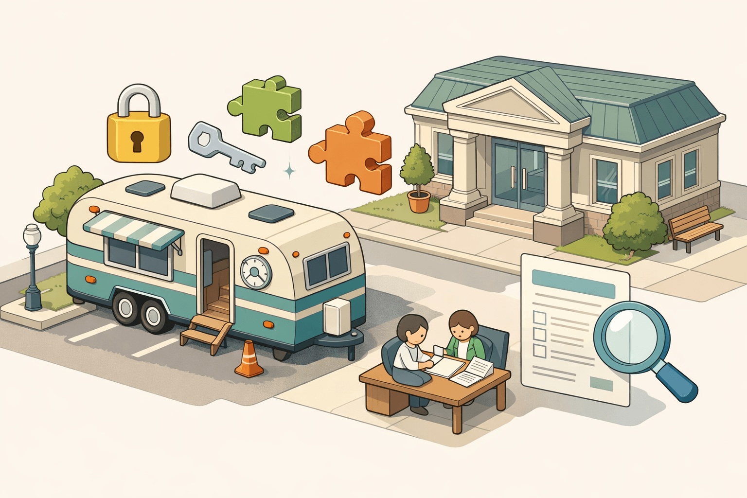 A mobile escape room trailer parked near a small bank building with tiny figures reviewing a business credit application at a desk