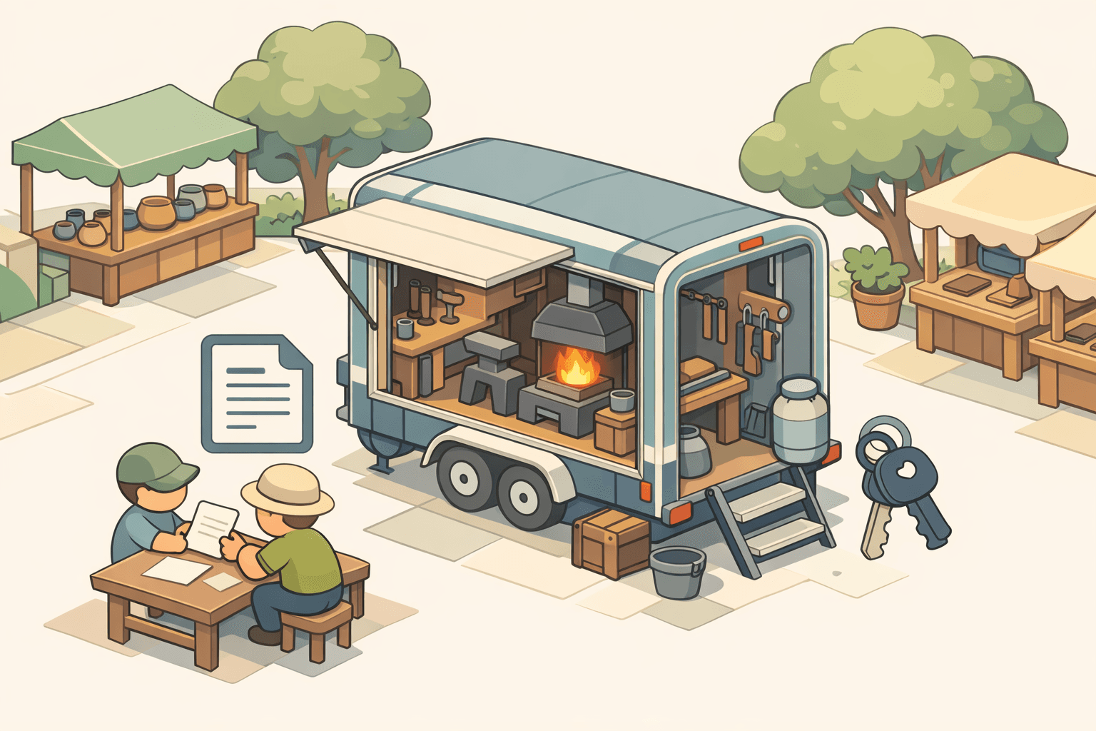 A mobile blacksmithing studio trailer at a seasonal craft market with small figures reviewing business loan documents nearby.