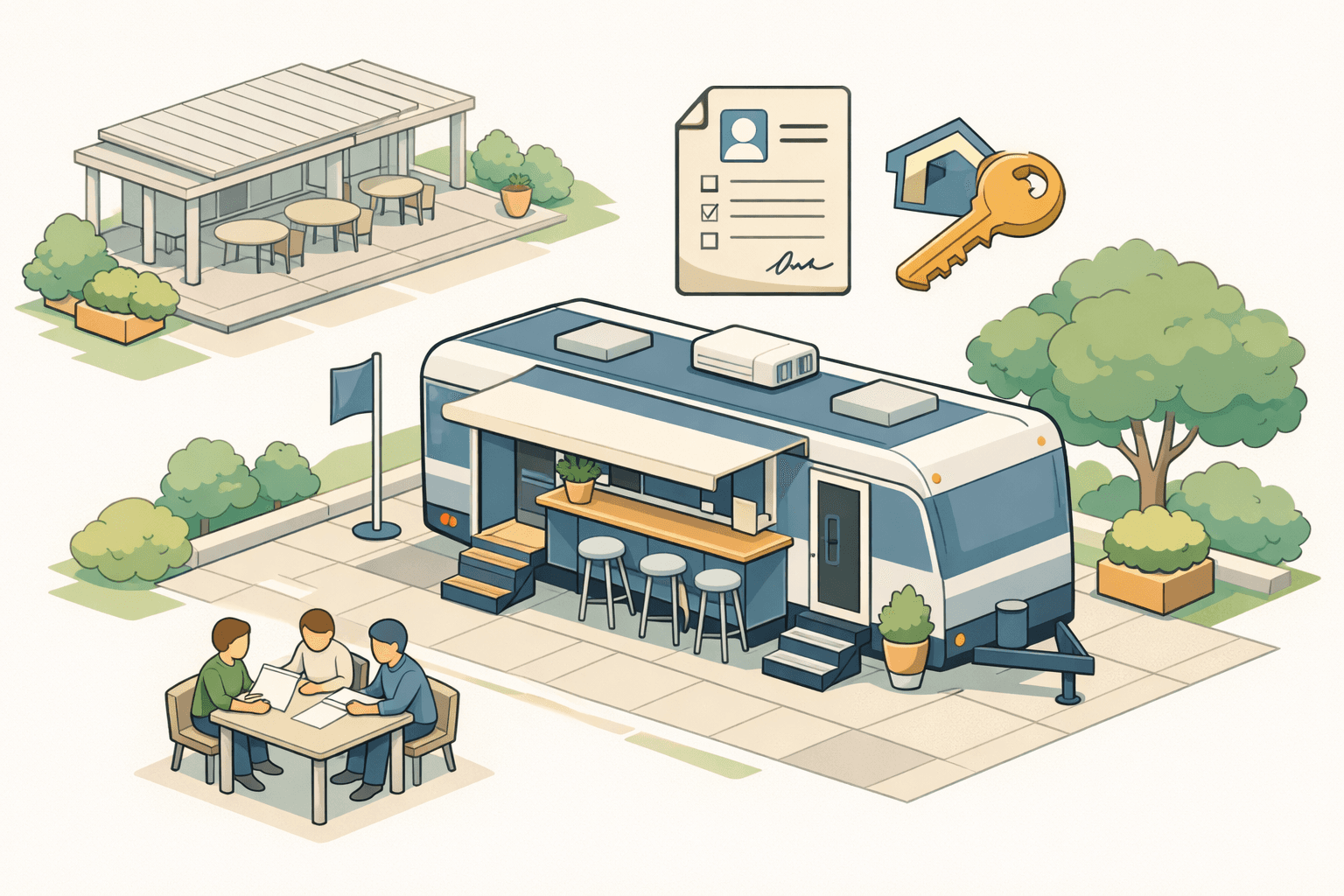 A mobile escape room trailer at an event venue with small figures reviewing business loan documents nearby.