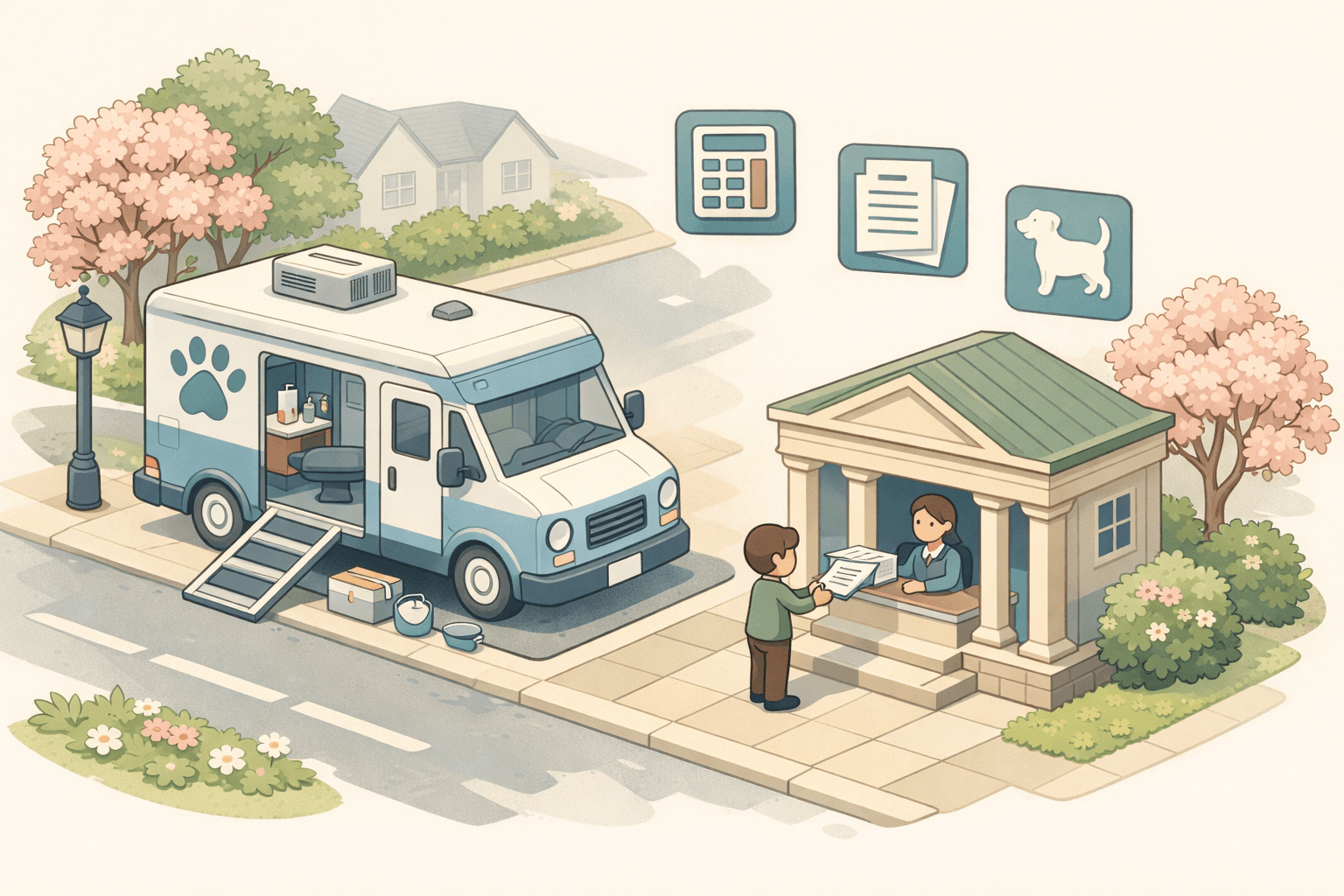A mobile pet grooming van parked near a small bank building with a business owner reviewing loan documents outside.