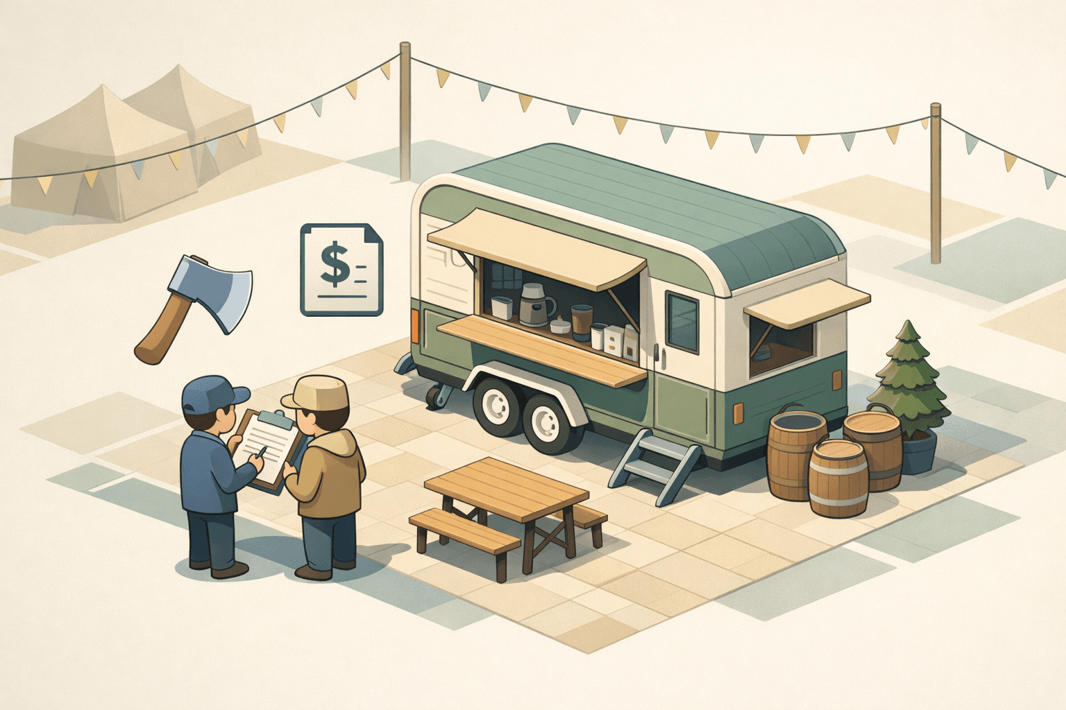 A mobile trailer at an outdoor event with small figures and floating document icons representing a small business loan application