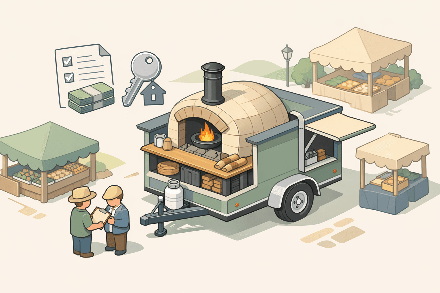 A mobile bakery trailer with a wood-fired oven at an outdoor market, with small figures and document icons nearby.
