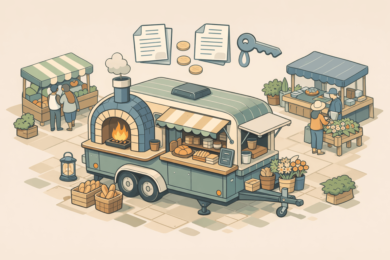 A mobile bakery trailer with a wood-fired oven at an outdoor market, surrounded by small stylized figures and floating document icons.