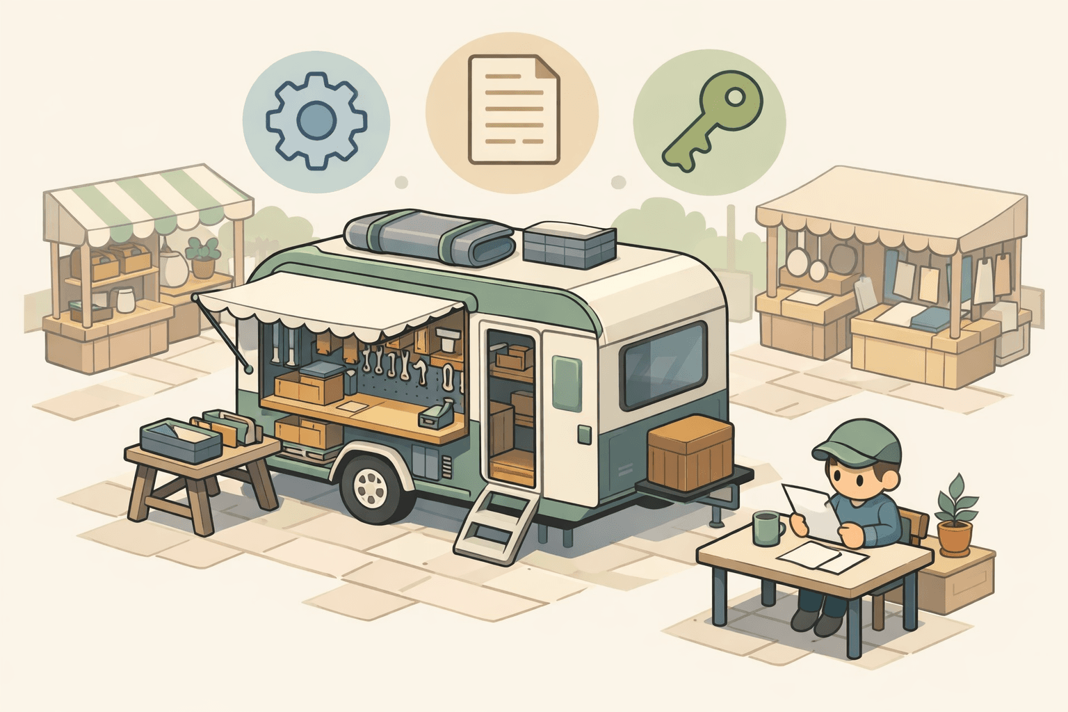 A mobile blacksmithing studio trailer at an outdoor market with a small business owner reviewing financing documents nearby.