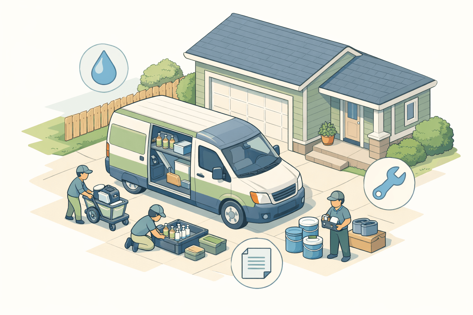 A mobile detailing van parked outside a home with small business equipment and financing document icons nearby