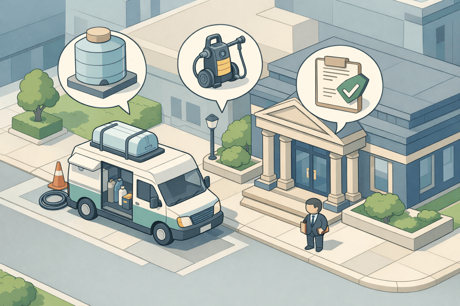 A mobile car wash service van parked near a bank building with a small business owner holding loan documents