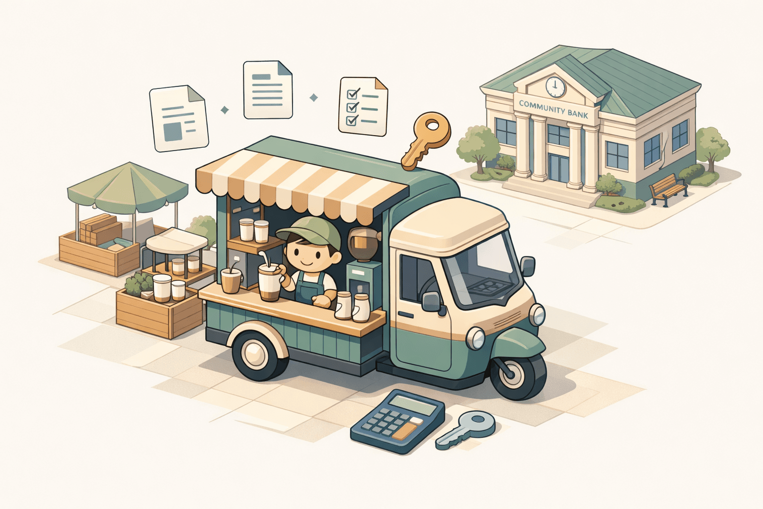 A mobile coffee cart at an outdoor market with financing documents and a small business owner nearby