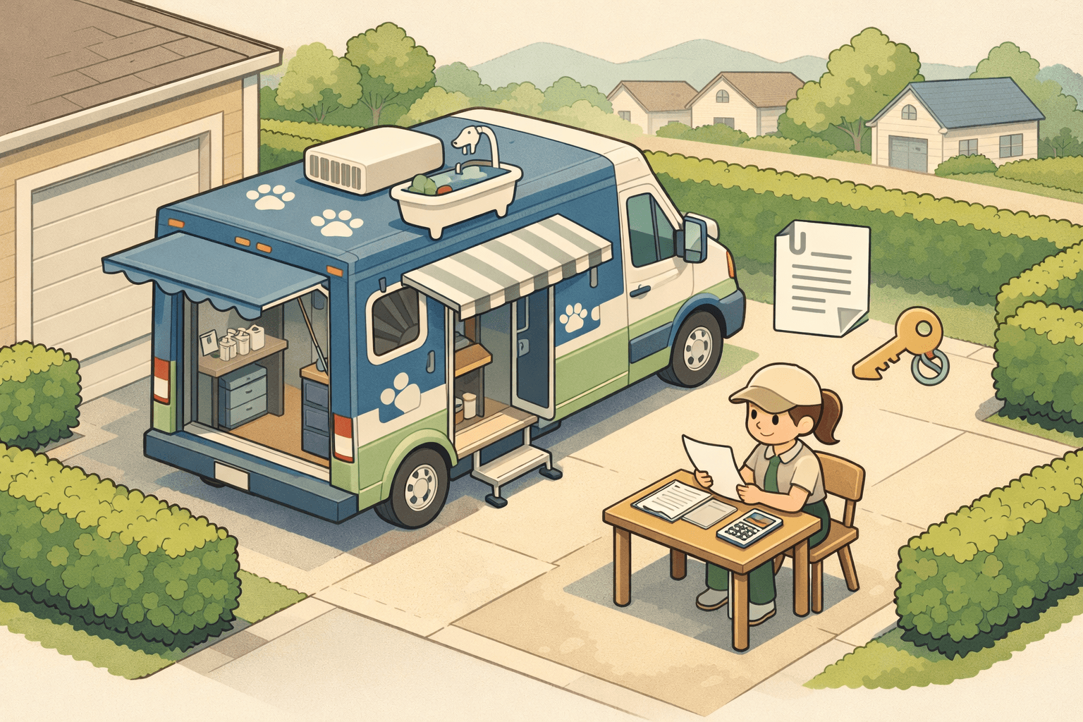 A mobile dog grooming van parked outside a suburban home with a small business owner reviewing financing documents nearby.