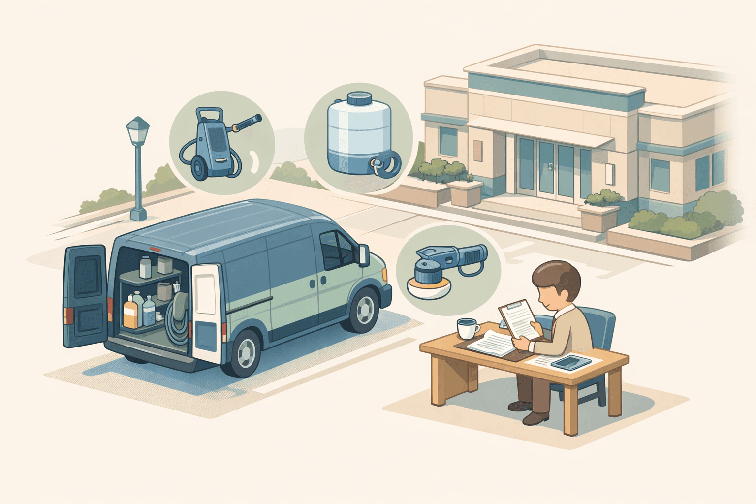 Mobile detailing van parked near a bank building with small business owner reviewing equipment loan documents outside