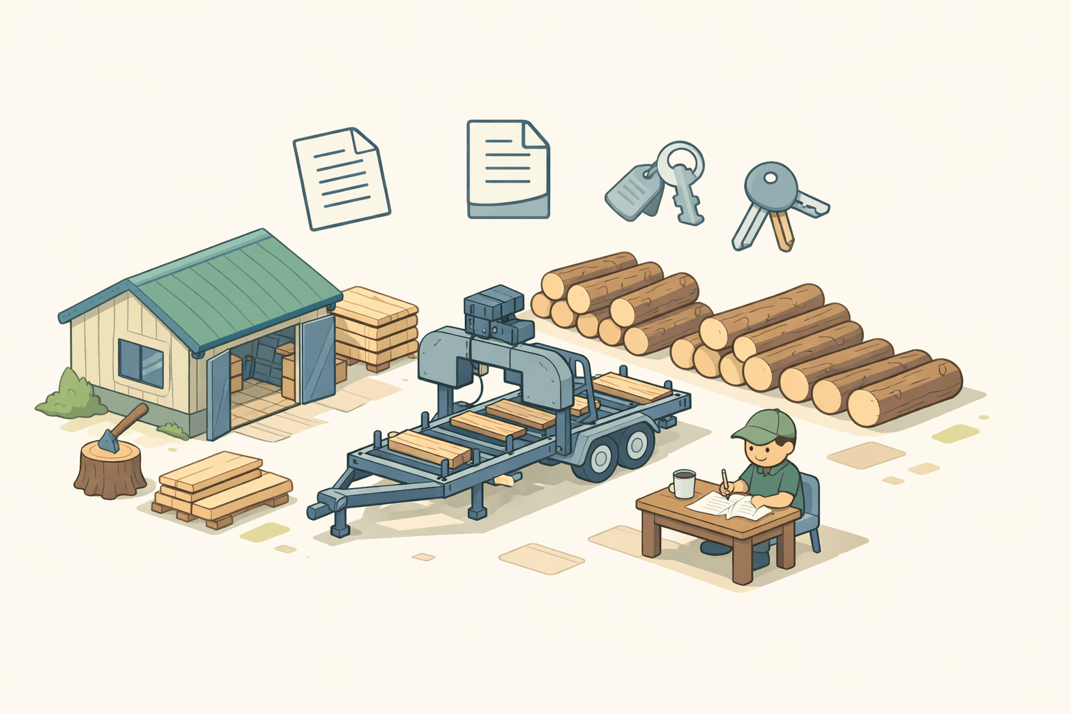 A portable sawmill on a trailer beside a small rural workshop with stacked lumber and a business owner reviewing financing documents
