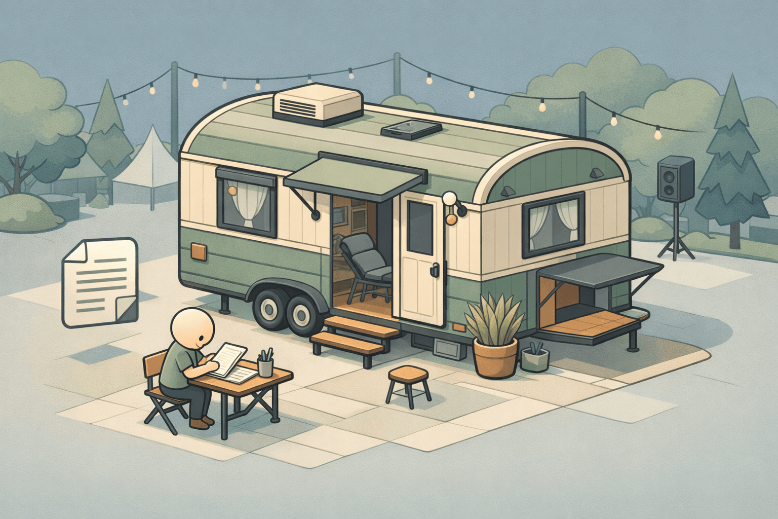 A portable tattoo studio trailer at an outdoor event with a small business owner reviewing financing documents nearby.