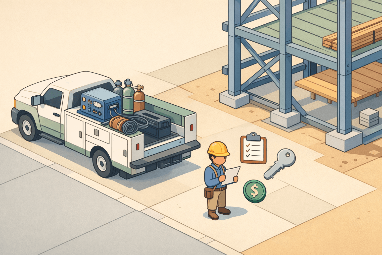 A portable welding rig mounted on a service truck parked at an active construction site with steel structures in the background.