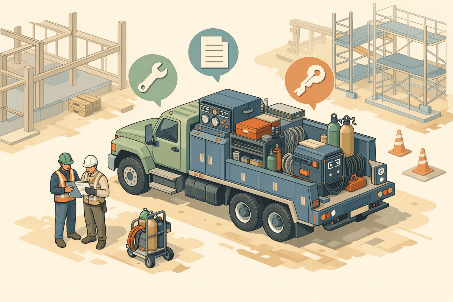 A portable welding rig truck parked at a construction site with workers and equipment nearby