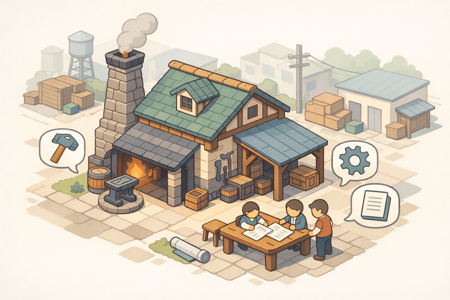Isometric scene of a small blacksmithing workshop with a forge chimney and tiny figures reviewing loan documents outside